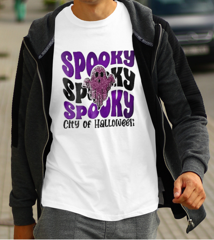 Spooky City Of Halloween Pink Glitter Ghost Retro Groovy T-Shirt