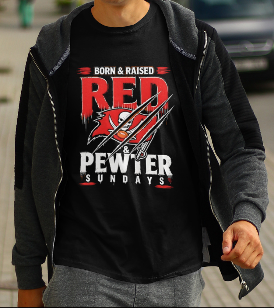 Born And Raised Red And Pewter Sundays Tampa Bay Buccaneers Flag Football T-Shirt
