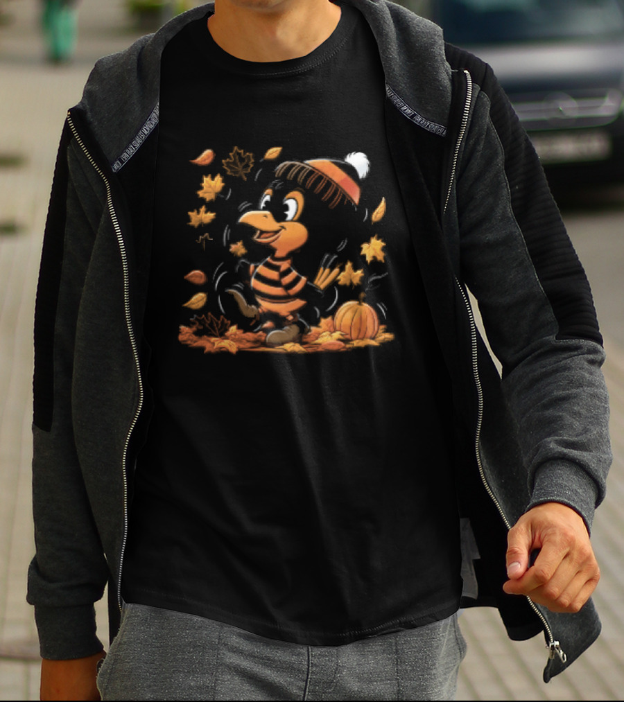 Cartoon Black And Orange Bird Beanie Hat Pumpkin Autumn Falling Leaves T-Shirt