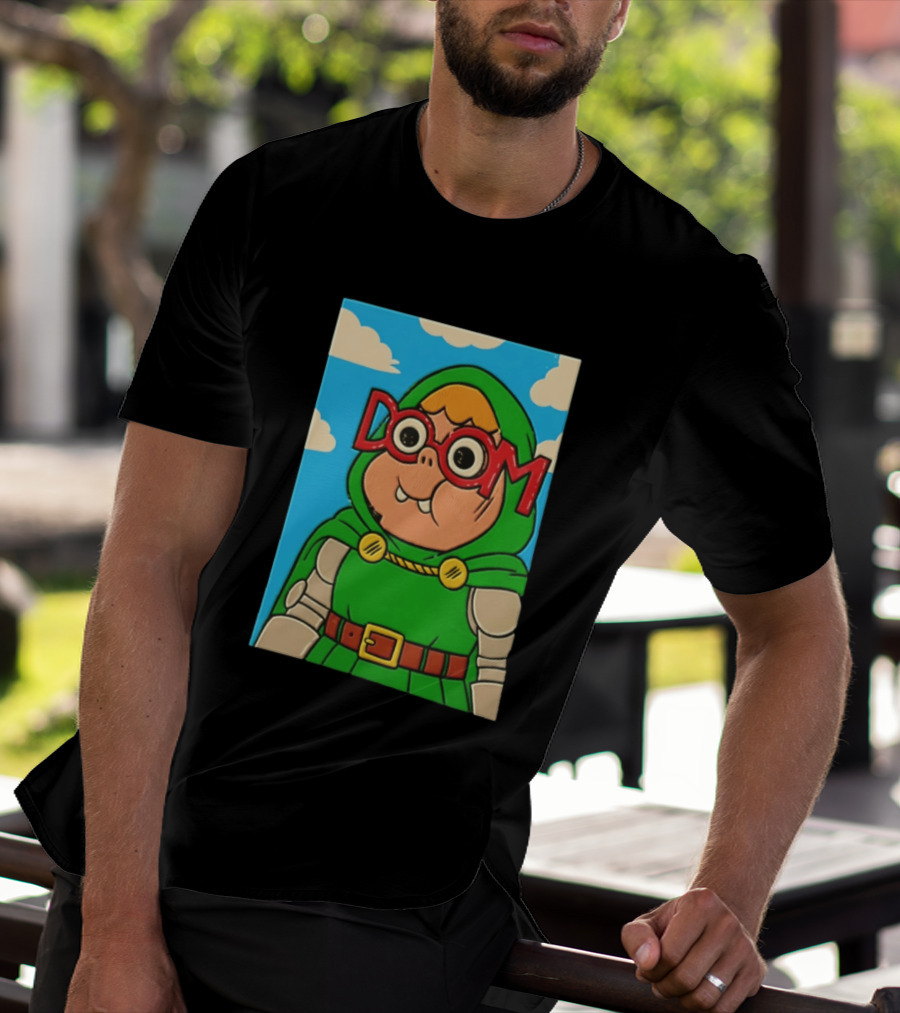 Clarence Doctor Doom Cartoon Crossover DOOM Glasses Green Hood Clouds T-Shirt