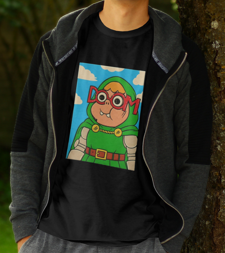 Clarence Doctor Doom Cartoon Crossover DOOM Glasses Green Hood Clouds T-Shirt
