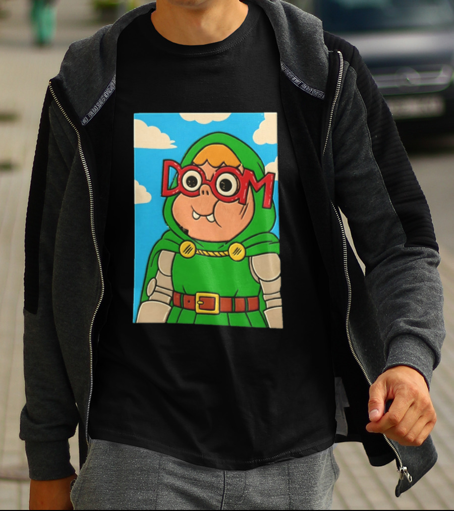 Clarence Doctor Doom Cartoon Crossover DOOM Glasses Green Hood Clouds T-Shirt