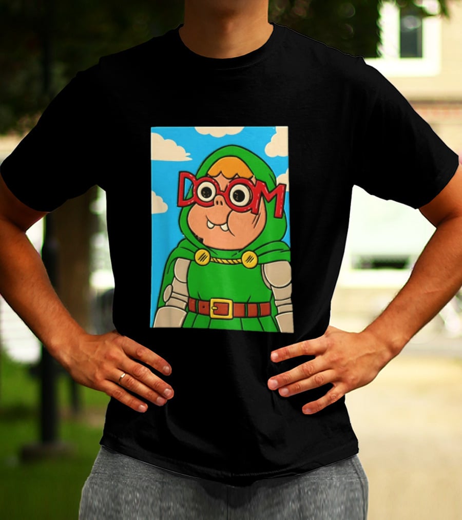 Clarence Doctor Doom Cartoon Crossover DOOM Glasses Green Hood Clouds T-Shirt