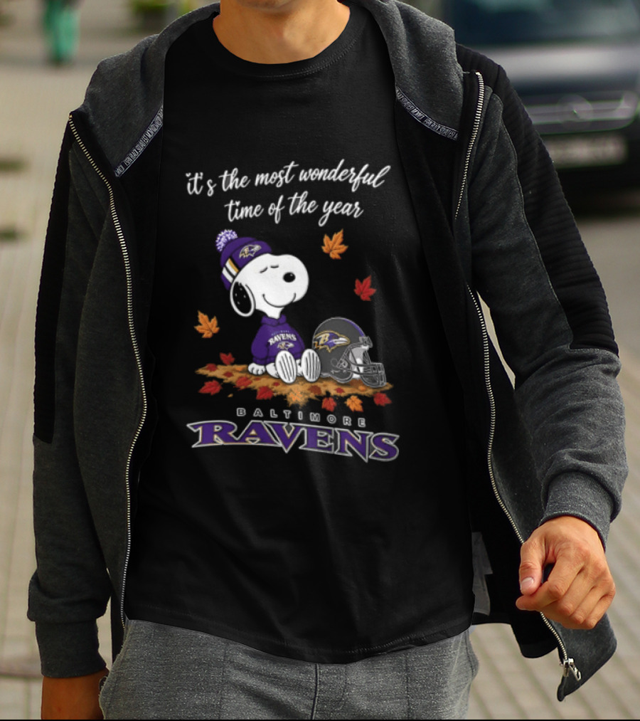 It's The Most Wonderful Time Of The Year Snoopy Baltimore Ravens Beagle Beanie Helmet Autumn Leaves T-Shirt