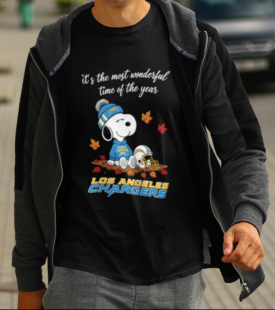 It's The Most Wonderful Time Of The Year Snoopy Los Angeles Chargers Beanie Autumn Leaves Football Helmet T-Shirt