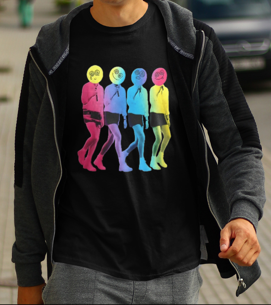 Four Neon Spiral Smileys Singing Colorful Figures T-Shirt