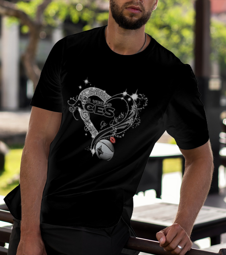 Las Vegas Aces WNBA Rhinestone Heart Basketball Sparkles Lips T-Shirt