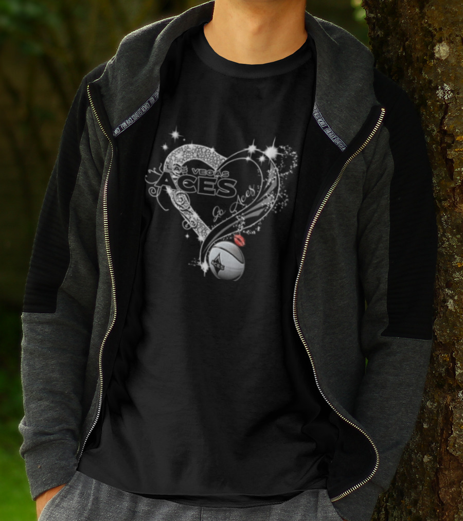 Las Vegas Aces WNBA Rhinestone Heart Basketball Sparkles Lips T-Shirt