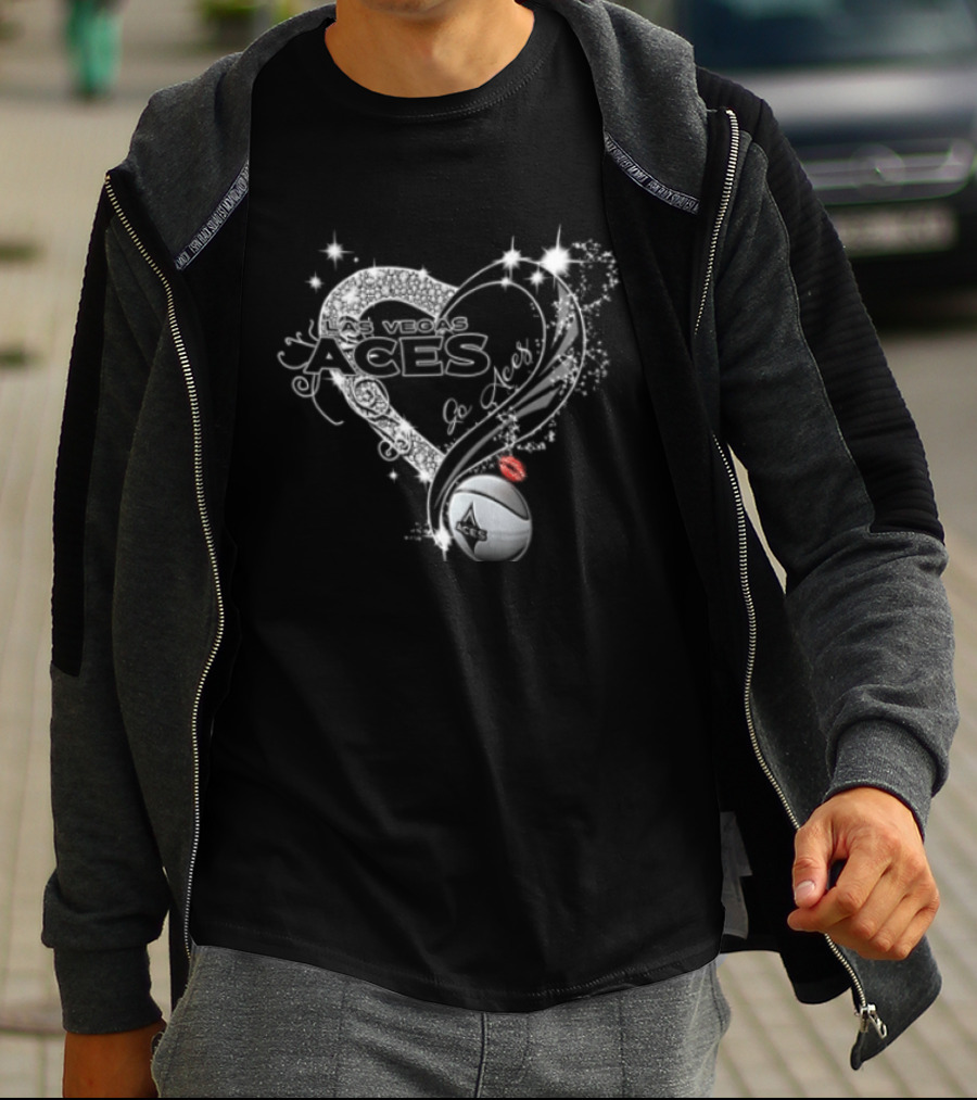 Las Vegas Aces WNBA Rhinestone Heart Basketball Sparkles Lips T-Shirt
