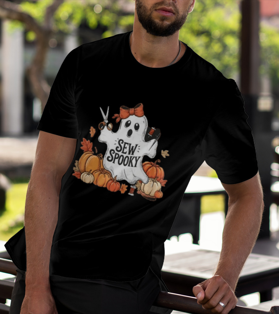 Sew Spooky Ghost With Bow Scissors Pumpkins Autumn Leaves Thread Spools T-Shirt