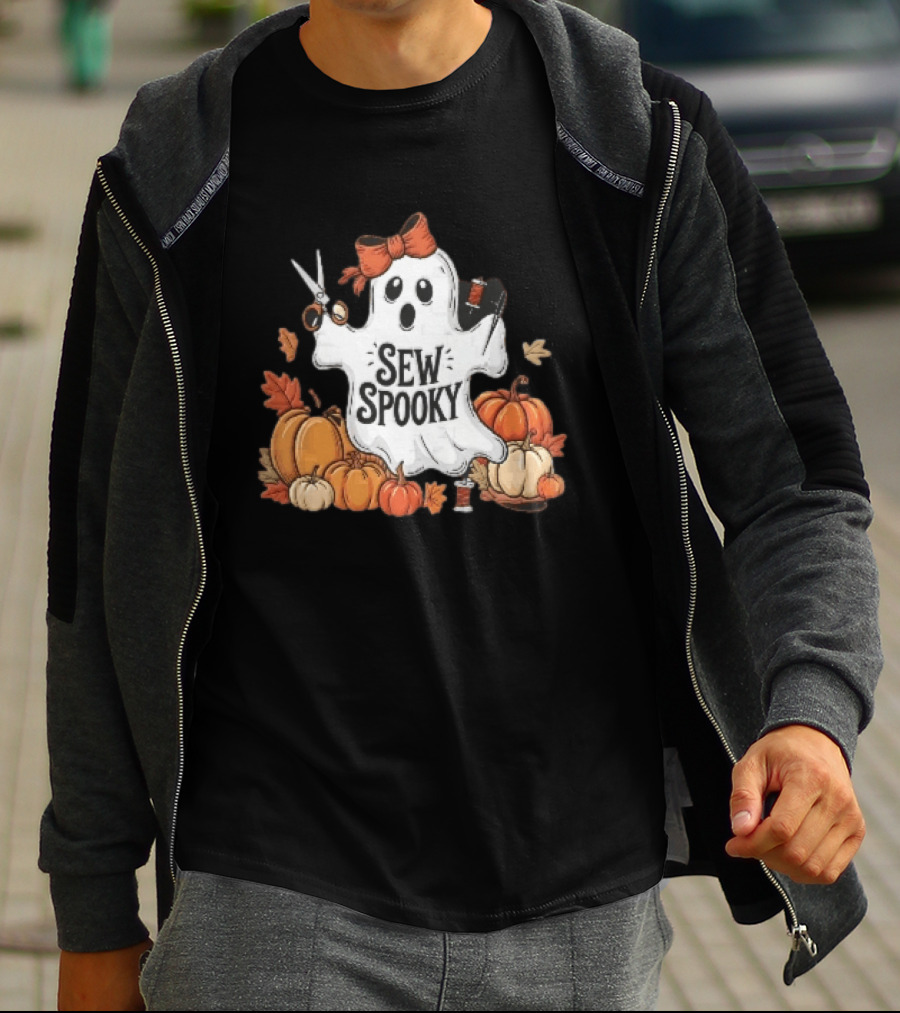 Sew Spooky Ghost With Bow Scissors Pumpkins Autumn Leaves Thread Spools T-Shirt