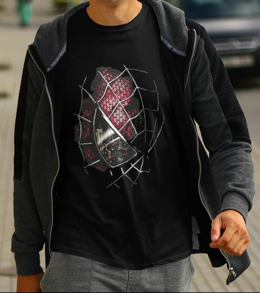 Spider Man Mask With City Skyline Reflection In Night Sketch Lines T-Shirt