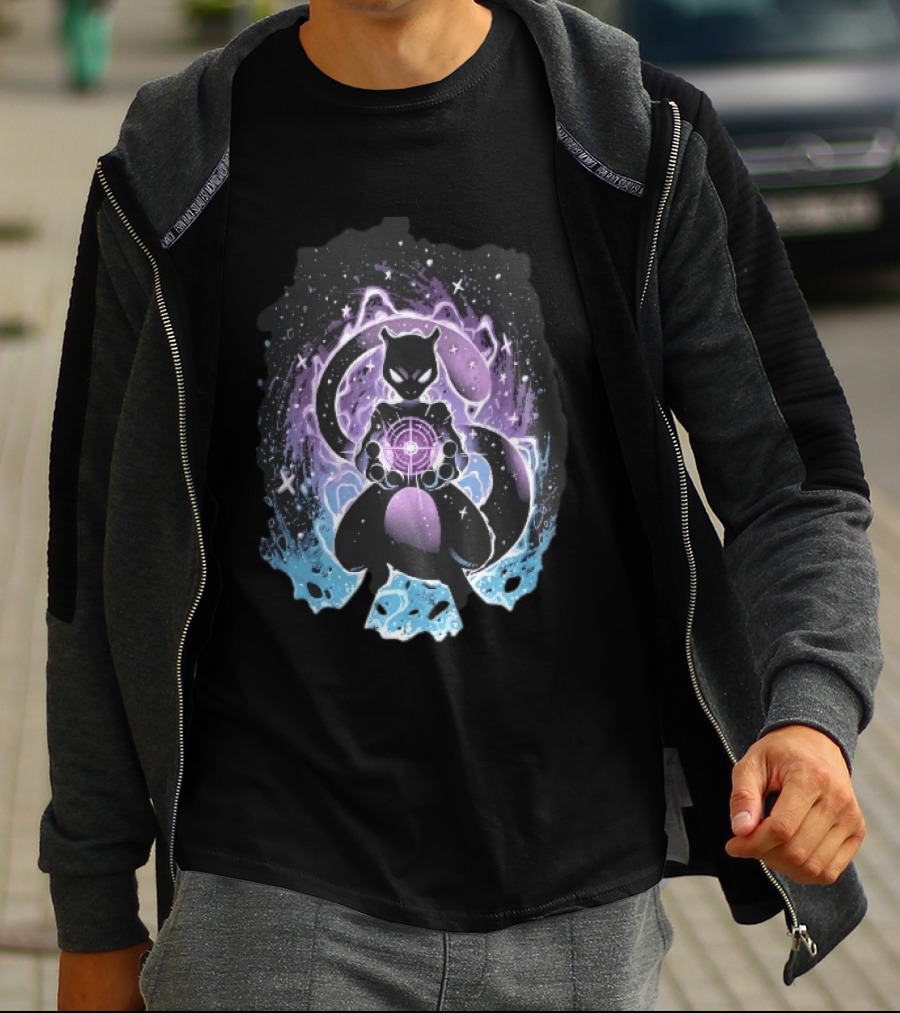 Mewtwo Cosmic Purple Energy Sphere Galaxy Stars Blue Flames T-Shirt