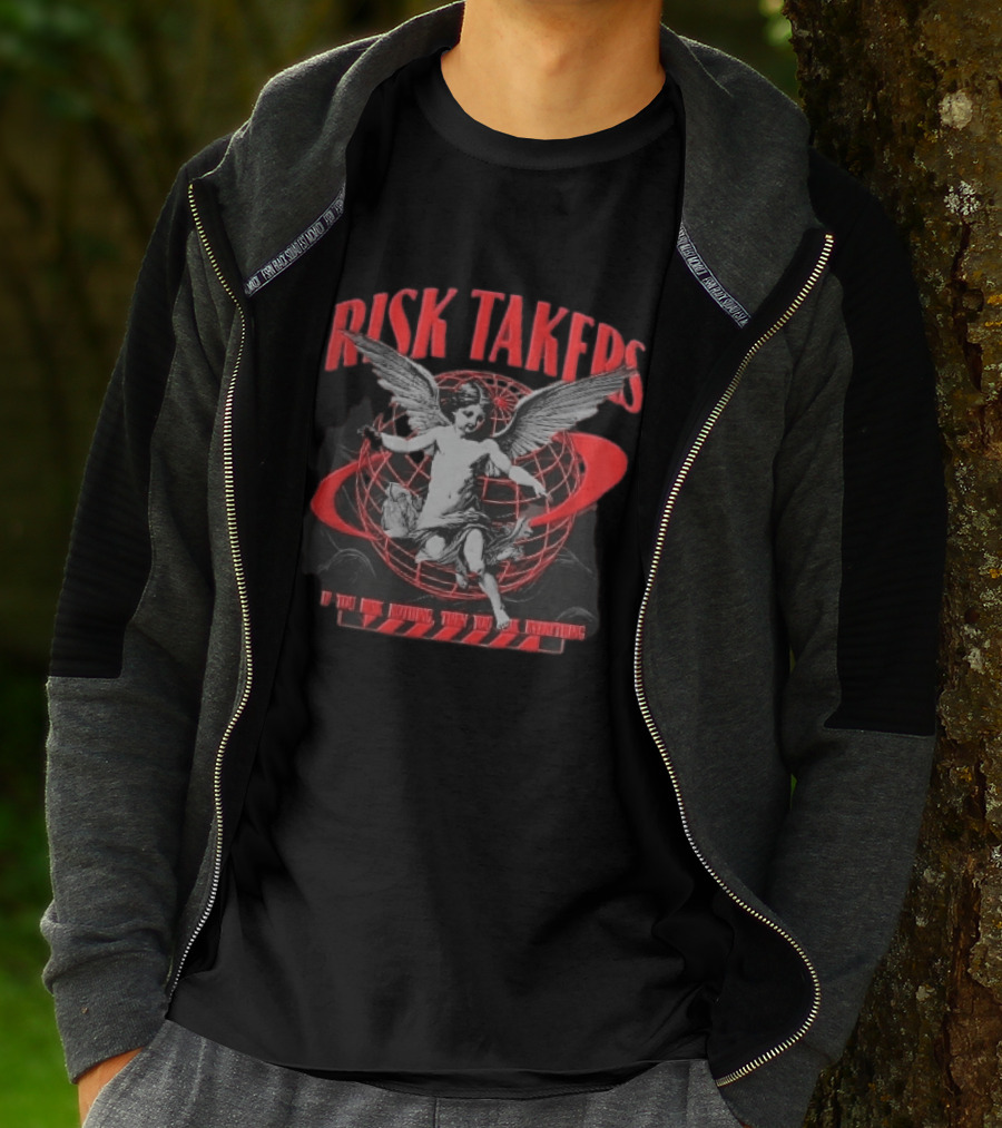 Risk Takers Winged Cherub If You Risk Nothing Then You Risk Everything Red Grid Globe T-Shirt