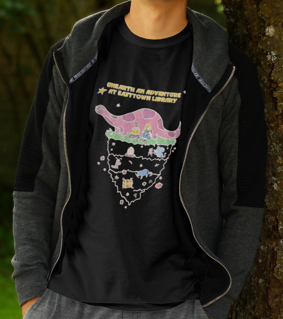 Unearth An Adventure At Easttown Library Pink Dinosaur Journey T-Shirt