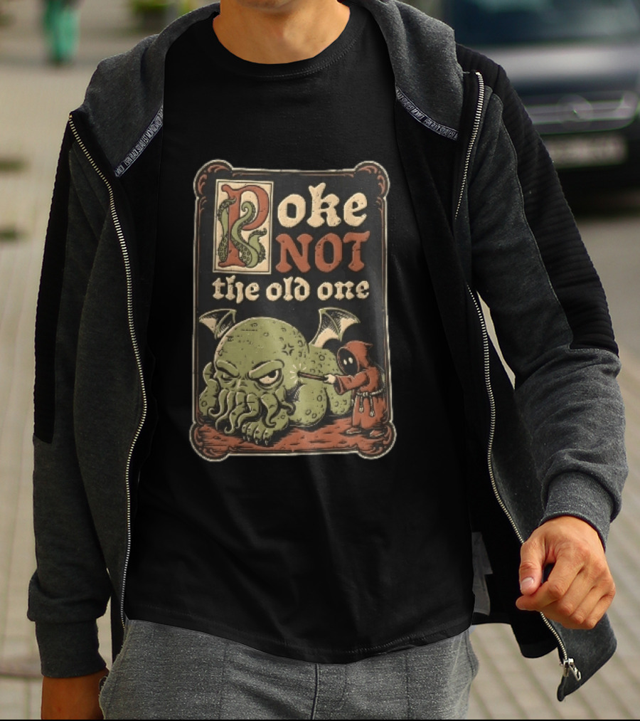 Poke Not The Old One Chibi Cthulhu Hooded Cultist Poking Stick Cartoon Frame T-Shirt