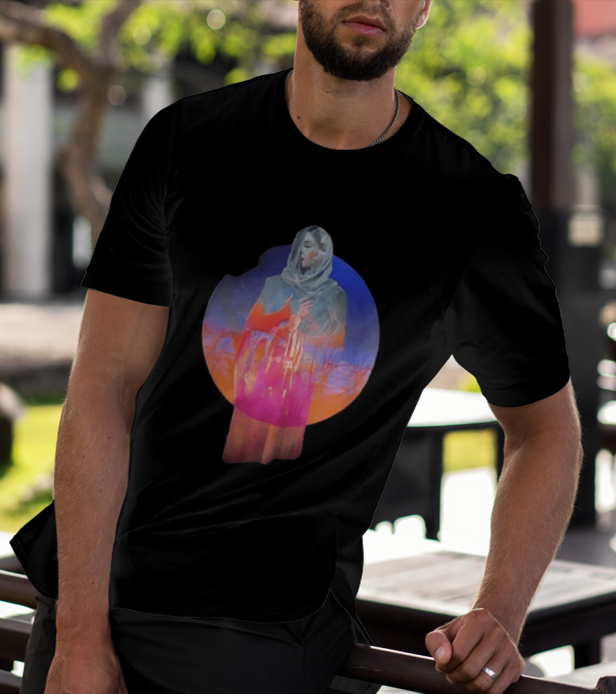 Veiled Hooded Cloak Double Exposure Bare Trees Glowing Sunset Globe T-Shirt