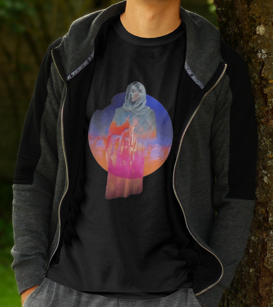 Veiled Hooded Cloak Double Exposure Bare Trees Glowing Sunset Globe T-Shirt