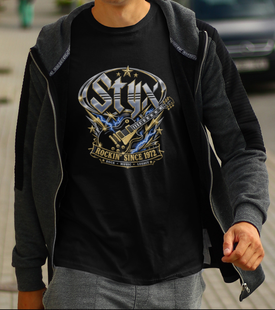 Styx Rockin Since 1972 Electric Guitar Lightning Metallic Crest T-Shirt