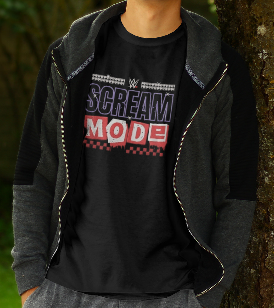 Scream Mode WWE Silver Studs Red Cutout Dripping Blocks Checkered T-Shirt