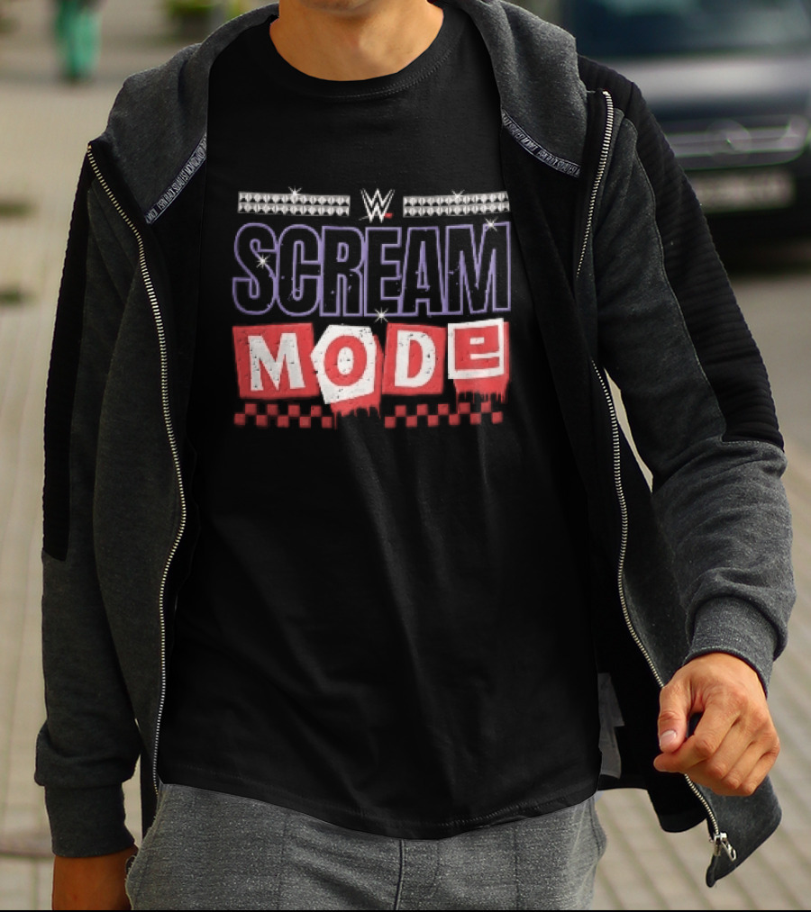 Scream Mode WWE Silver Studs Red Cutout Dripping Blocks Checkered T-Shirt