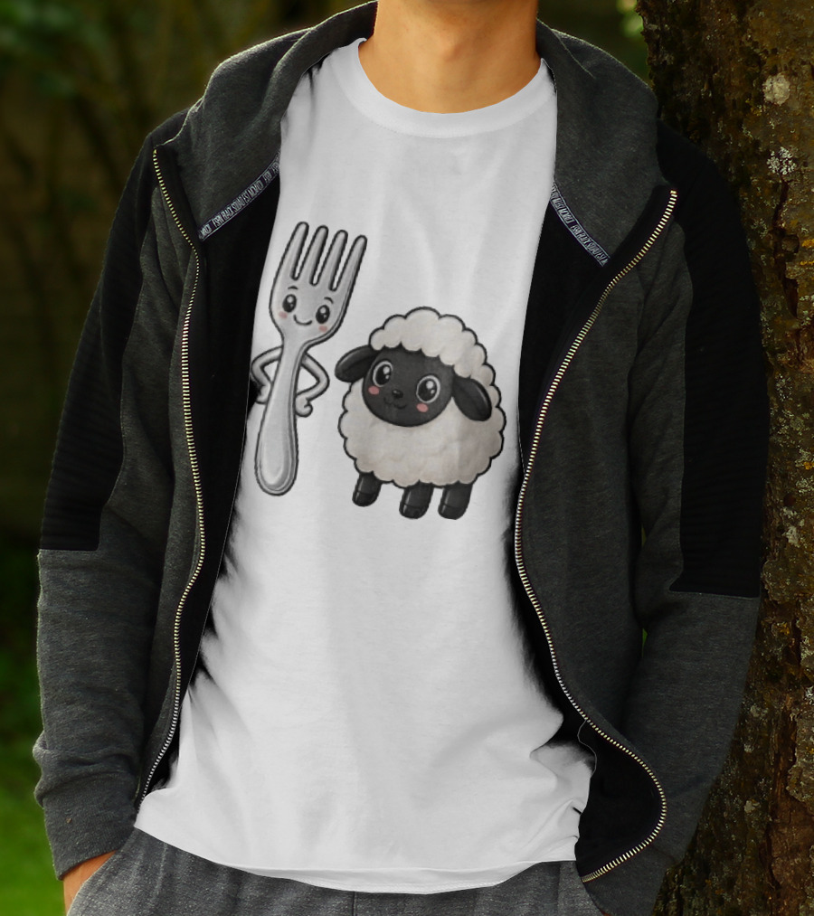 Chibi Style Silver Fork And Cute Black Faced Lamb Cartoon T-Shirt