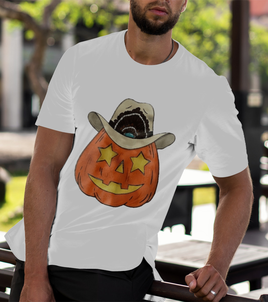 Starry Eyed Jack O Lantern Pumpkin Cowboy Hat Feather T-Shirt
