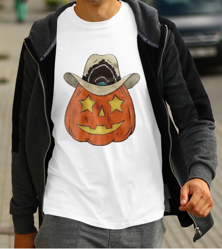 Starry Eyed Jack O Lantern Pumpkin Cowboy Hat Feather T-Shirt