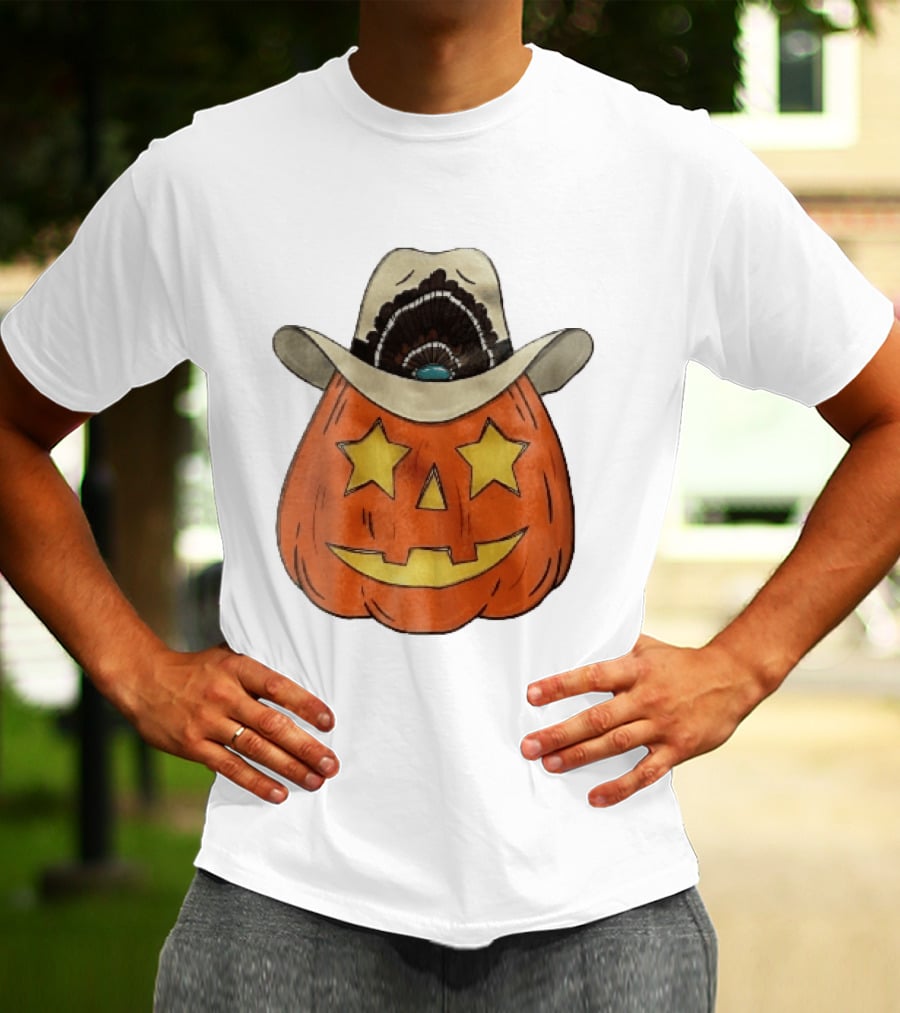 Starry Eyed Jack O Lantern Pumpkin Cowboy Hat Feather T-Shirt