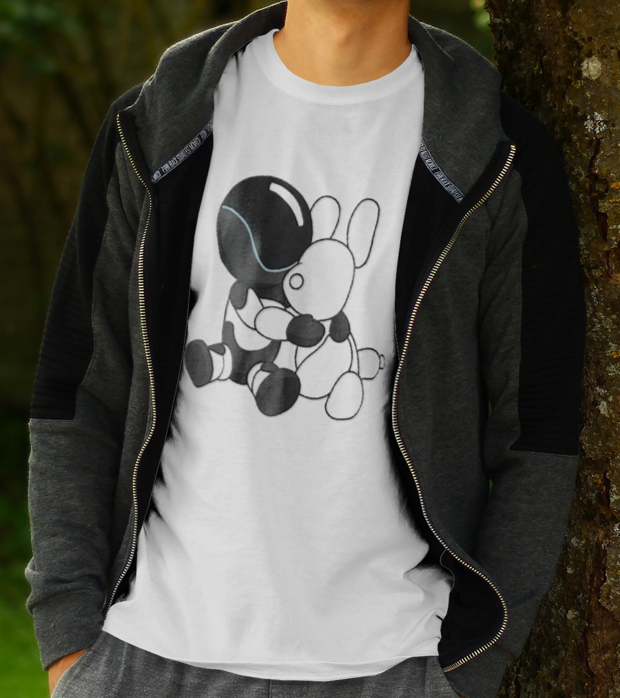 Cartoon Robot Embracing White Bunny Plush Toy T-Shirt