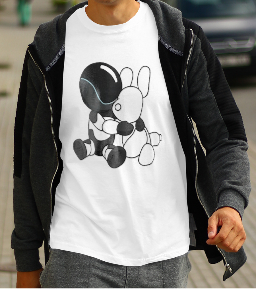 Cartoon Robot Embracing White Bunny Plush Toy T-Shirt