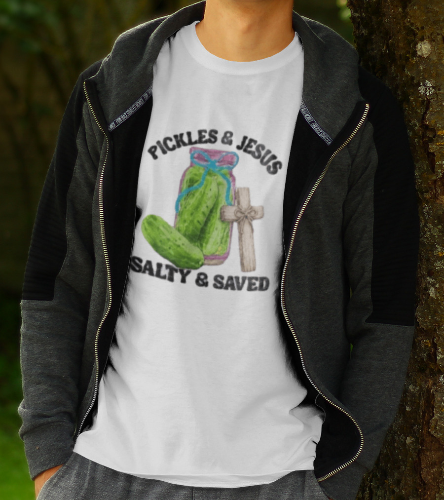 Pickles And Jesus Salty Saved Watercolor Mason Jar Wooden Cross T-Shirt