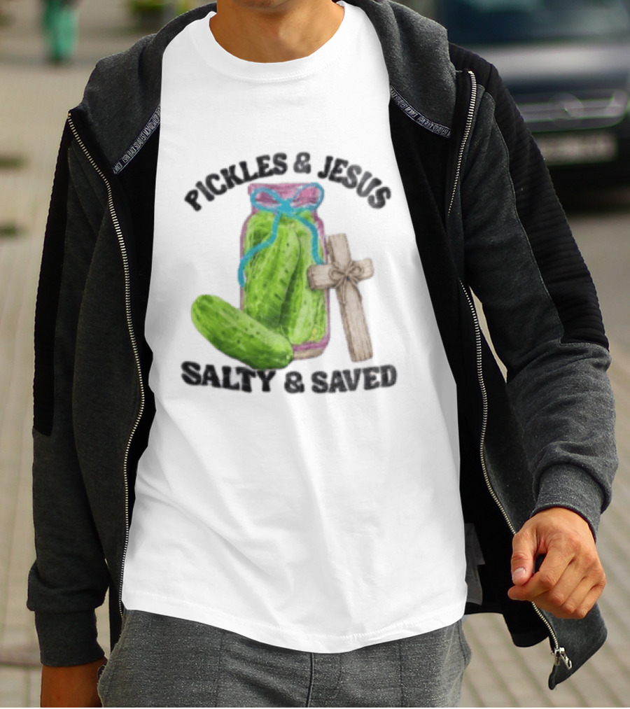 Pickles And Jesus Salty Saved Watercolor Mason Jar Wooden Cross T-Shirt