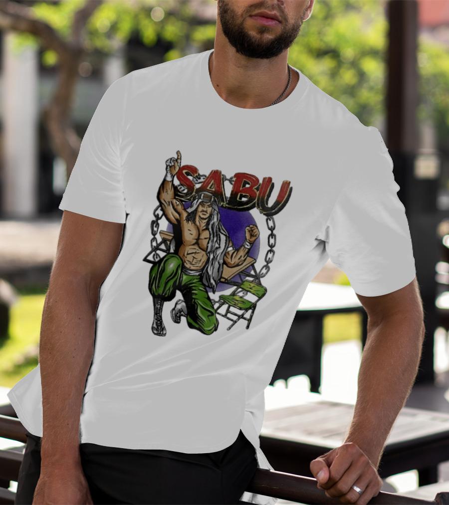 Sabu Terry Brunk Cartoon Kneeling Pose Green Chair Wooden Table Chains T-Shirt