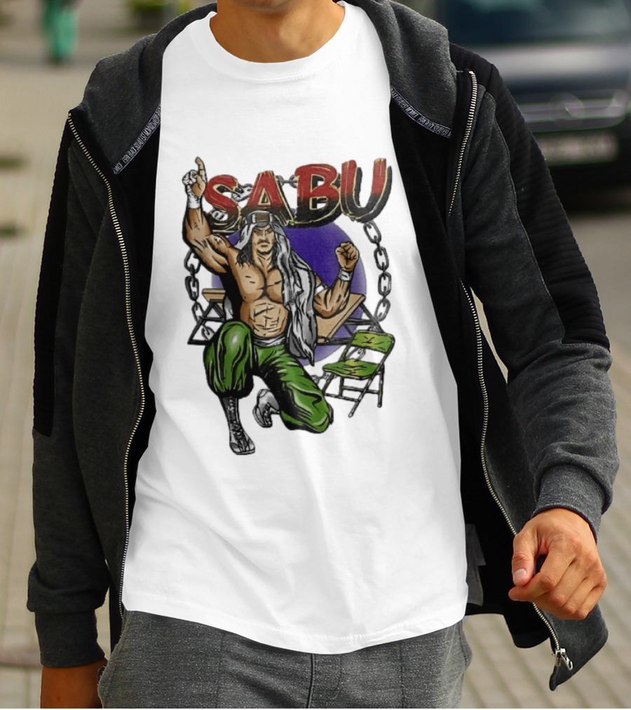Sabu Terry Brunk Cartoon Kneeling Pose Green Chair Wooden Table Chains T-Shirt
