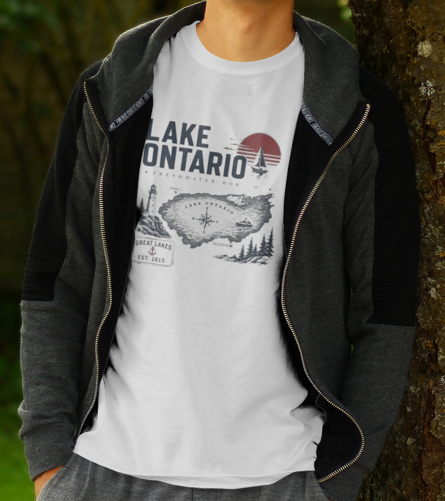 Lake Ontario Rochester Great Lakes Est 1615 Vintage Scenic Sunset License Plate Anchored Sailboat Lighthouse T-Shirt