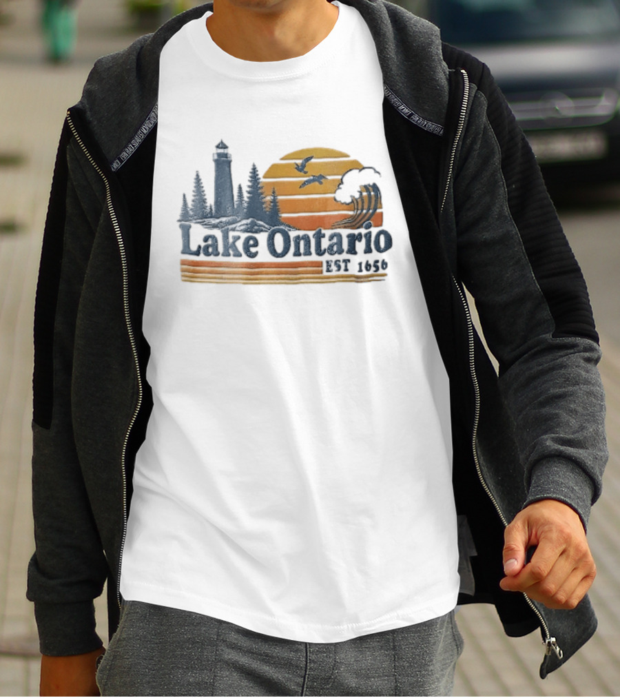 Lake Ontario Est 1656 Sunset Lighthouse Pine Trees Wave Scene T-Shirt