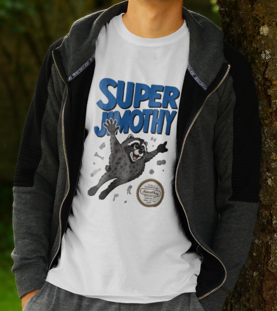 Super Jimothy Cartoon Flying Raccoon Trash Scraps Gold Seal T-Shirt
