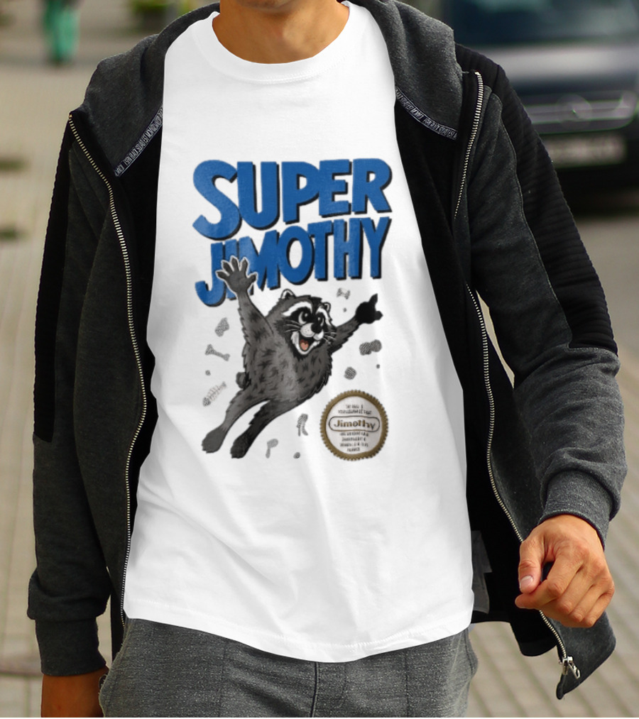 Super Jimothy Cartoon Flying Raccoon Trash Scraps Gold Seal T-Shirt