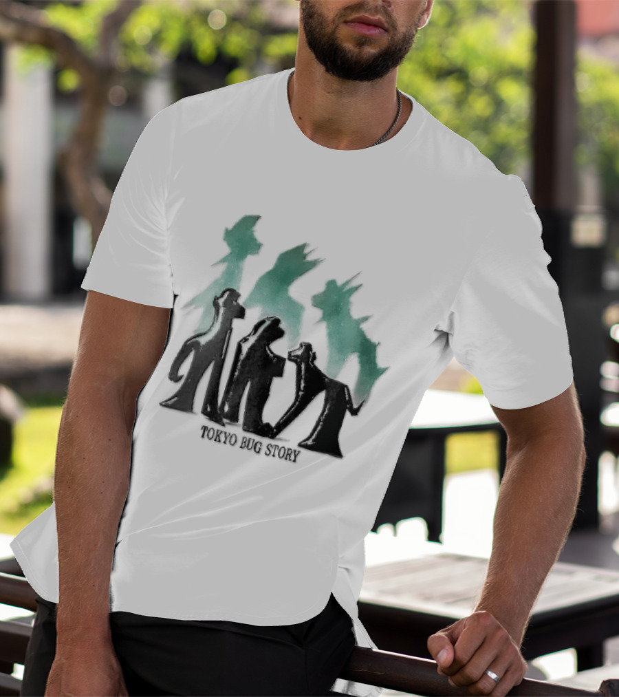 Tokyo Bug Story Glossy Black Figures Green Watercolor Shadows T-Shirt
