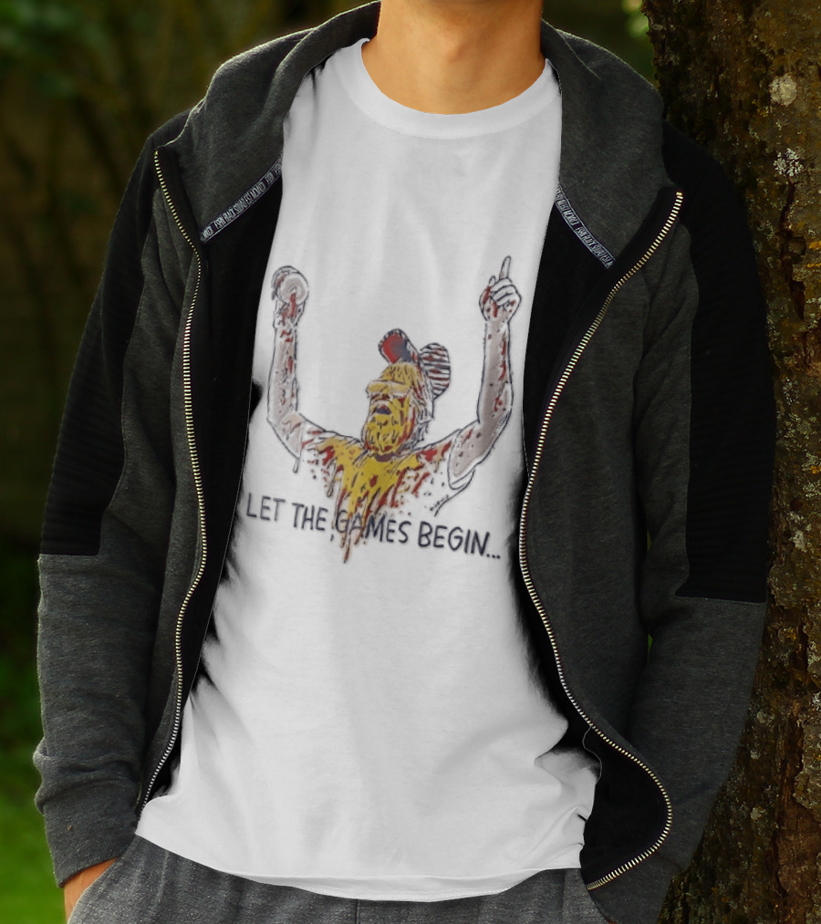 Let The Games Begin Caricature Beard Sunglasses Dripping Mustard Ketchup Line Arms Raised T-Shirt
