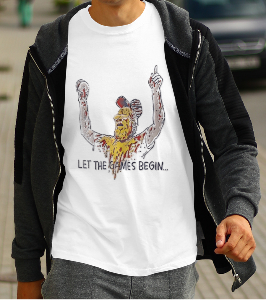 Let The Games Begin Caricature Beard Sunglasses Dripping Mustard Ketchup Line Arms Raised T-Shirt