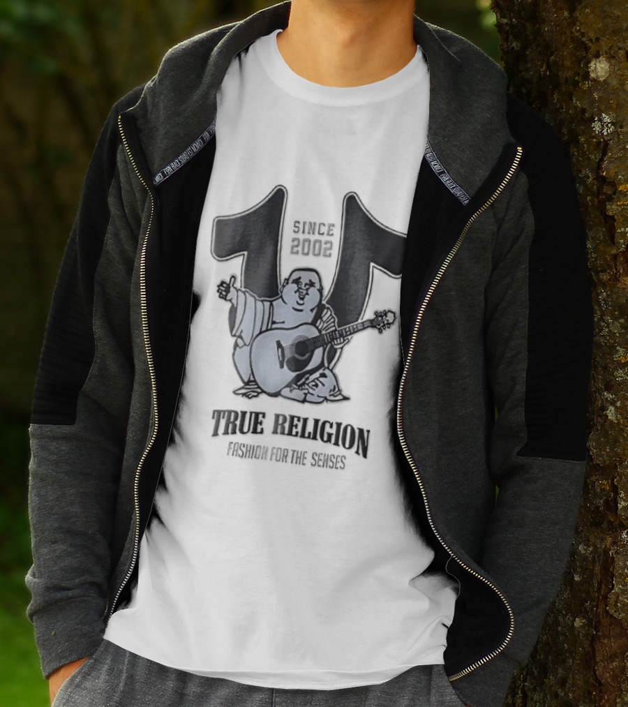 True Religion Since 2002 Laughing Buddha Playing Acoustic Guitar Horseshoe Fashion For The Senses T-Shirt