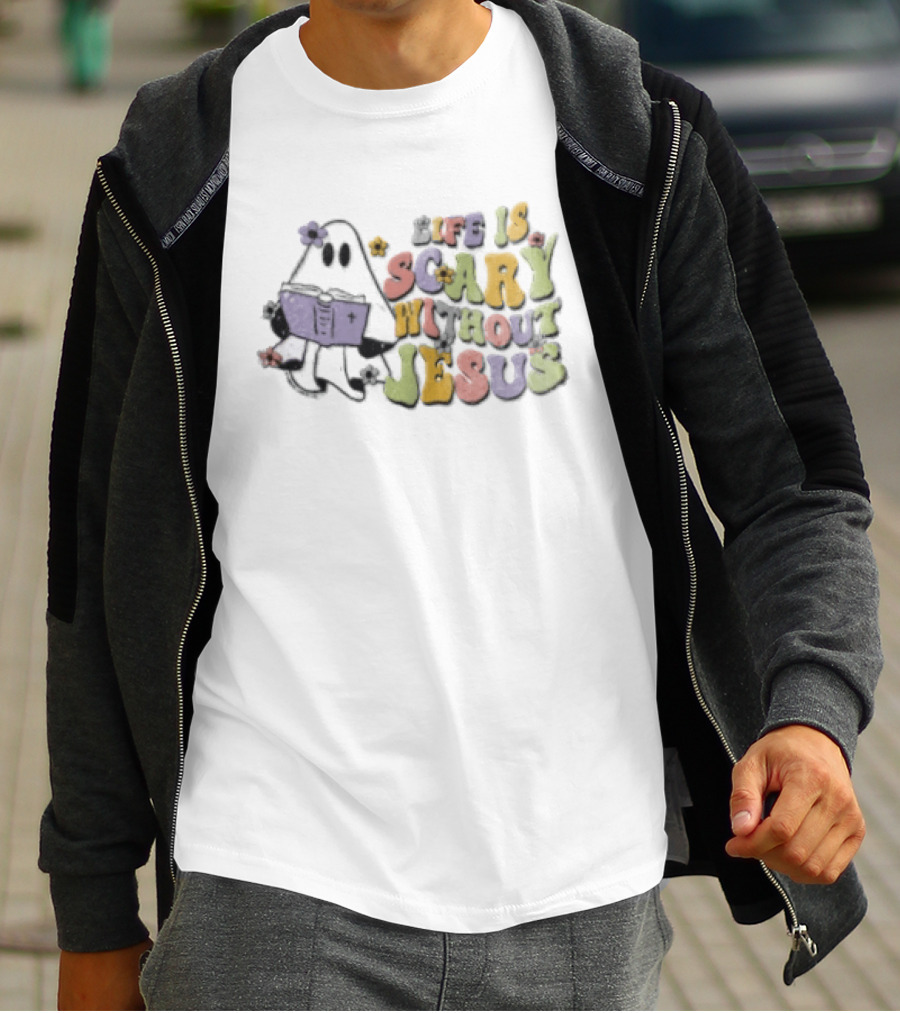 Life Is Scary Without Jesus Cartoon Ghost Reading Bible Flowers T-Shirt