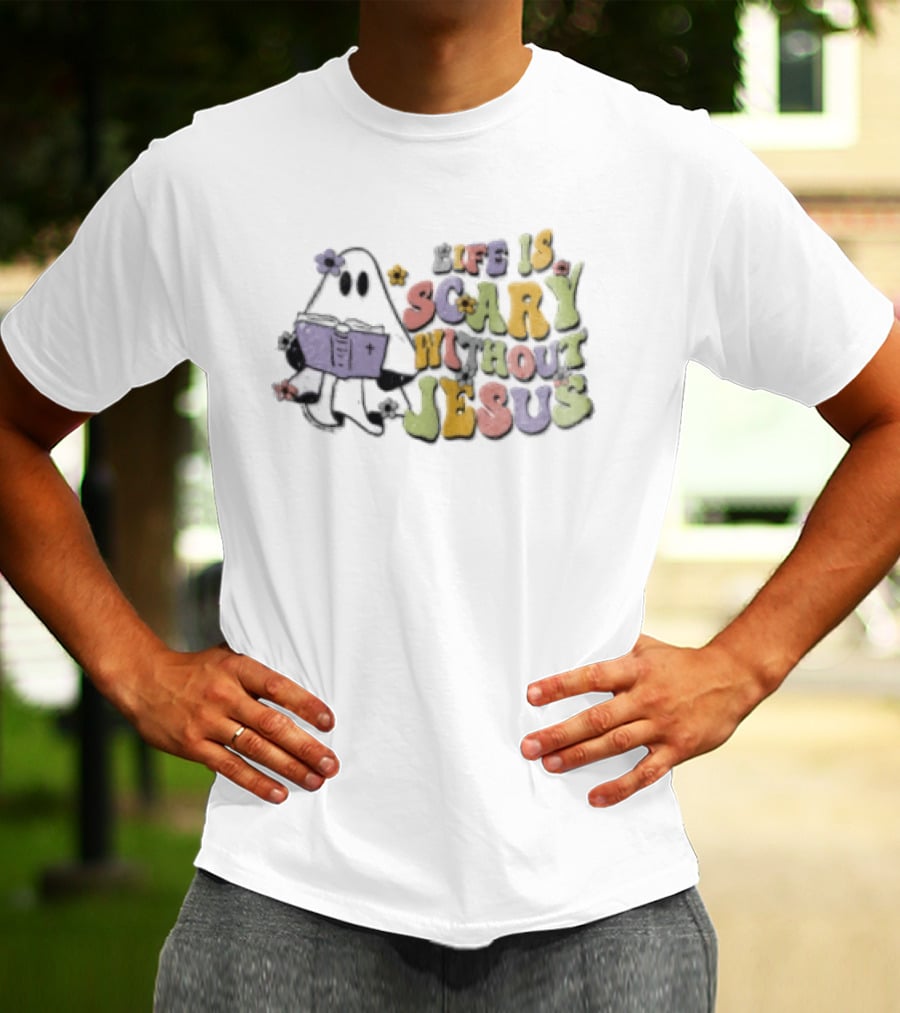 Life Is Scary Without Jesus Cartoon Ghost Reading Bible Flowers T-Shirt