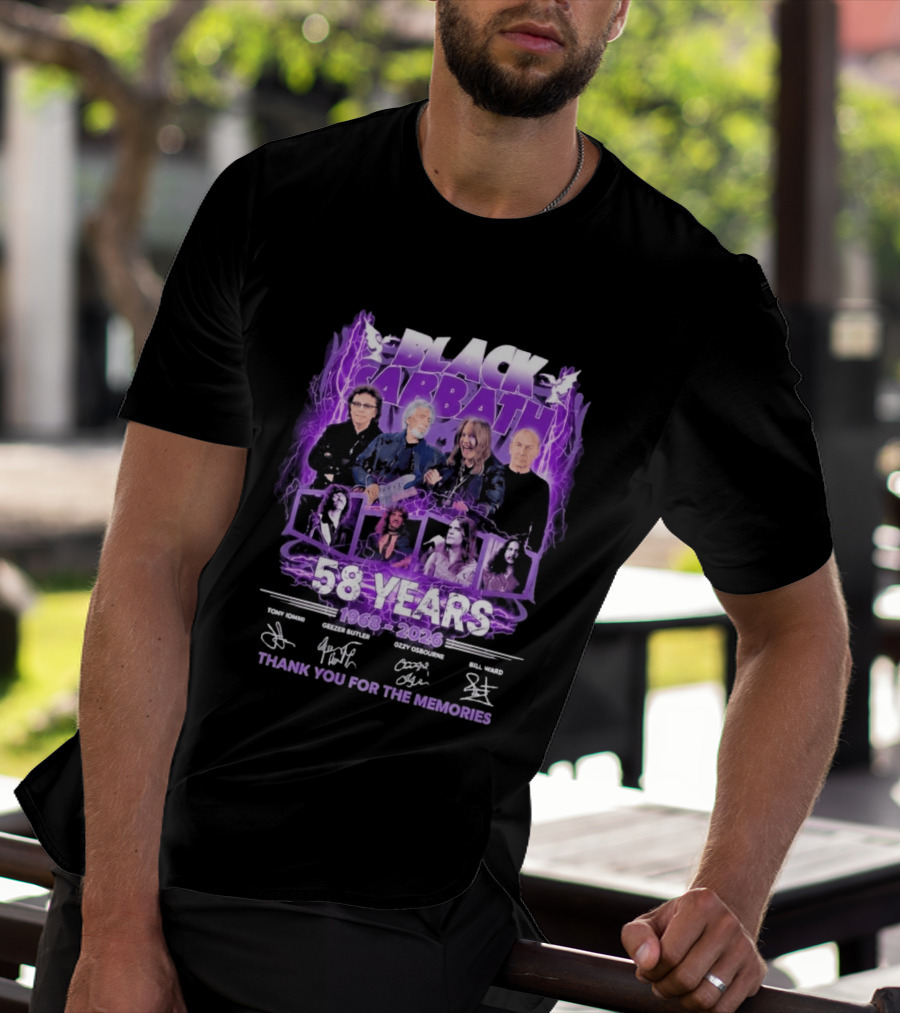 Black Sabbath 58 Years 1968 2026 Tony Iommi Geezer Butler Ozzy Osbourne Bill Ward Thank You For The Memories T-Shirt