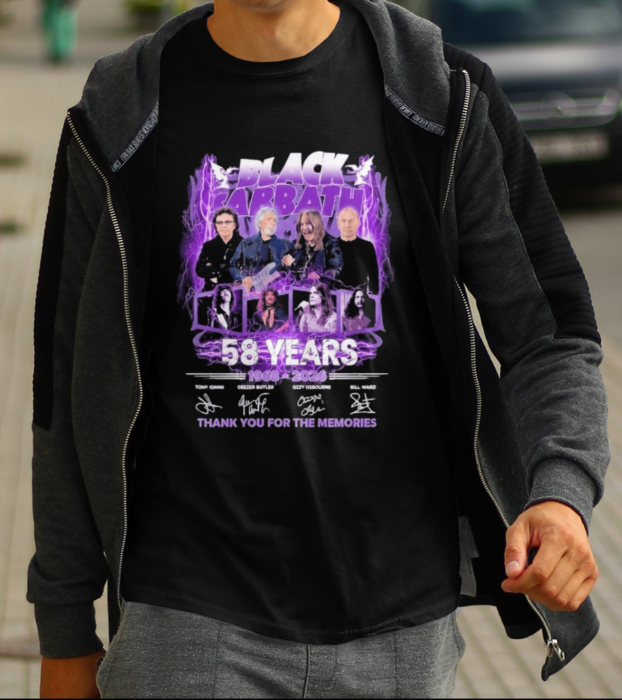 Black Sabbath 58 Years 1968 2026 Tony Iommi Geezer Butler Ozzy Osbourne Bill Ward Thank You For The Memories T-Shirt