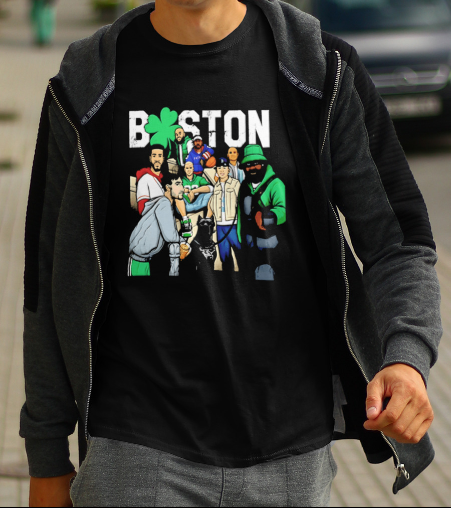 Boston Celtics Patriots Players With Shamrock And Boston T-Shirt