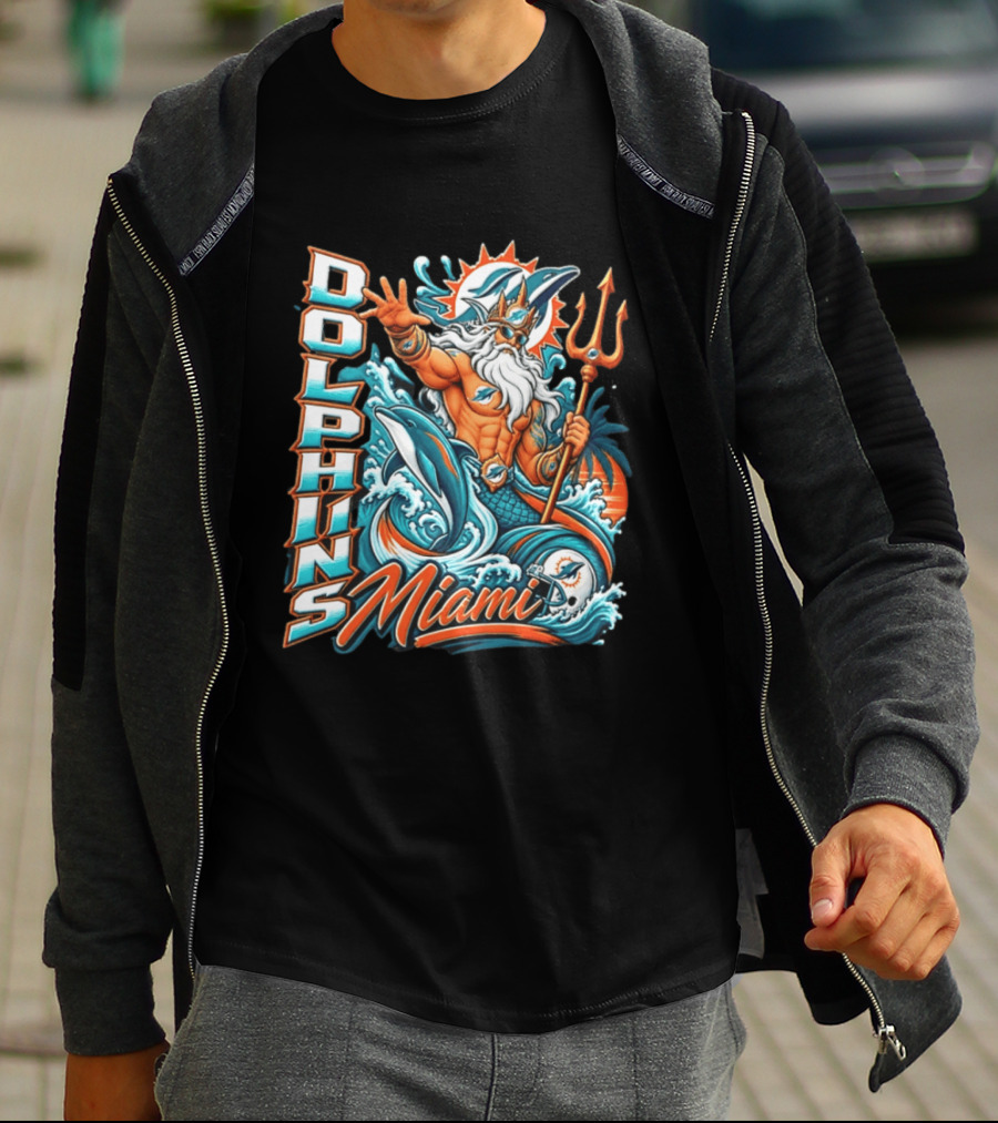 Miami Dolphins King Triton Ocean Waves Trident Dolphins T-Shirt