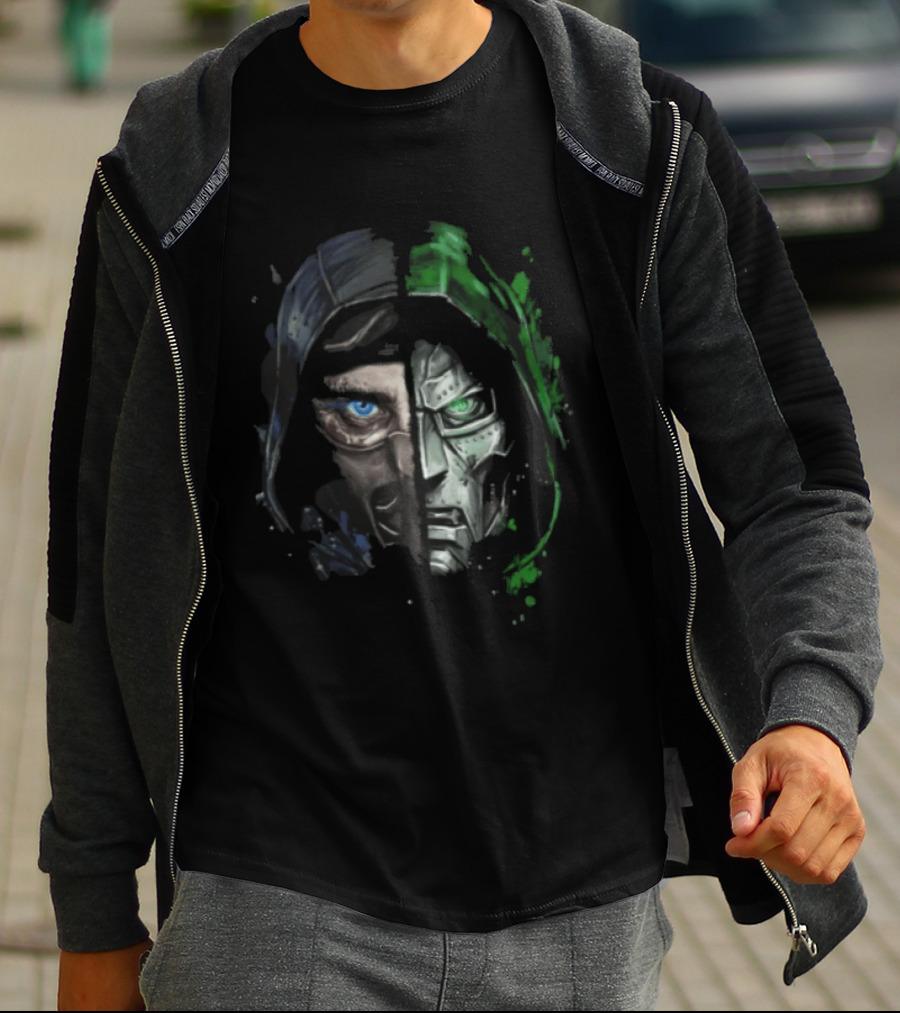 Doctor Doom Sub Zero Split Face Hooded Mask Paint Splatter T-Shirt